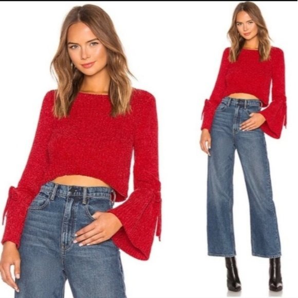 Revolve Lovers + Friends Red Parkwood Bell Sleeve Sweater Chenille Tie Boho XXS - Picture 1 of 7